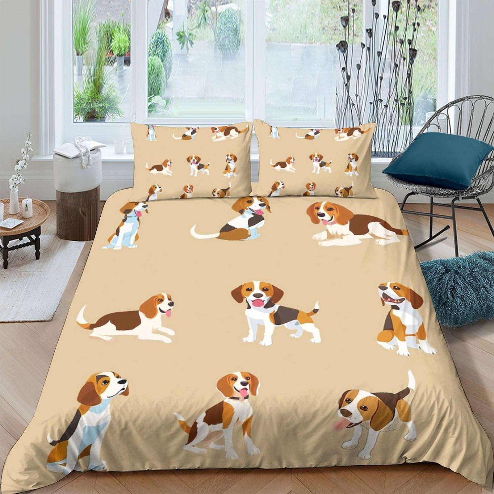 GPLZQXKJNH 3D Printed Beagle Dog Pattern Duvet Cover Microfiber Soft Breathable Puppy Bedding Set with 2 Pillowcases for Bedroom Decor Single（135x200cm）