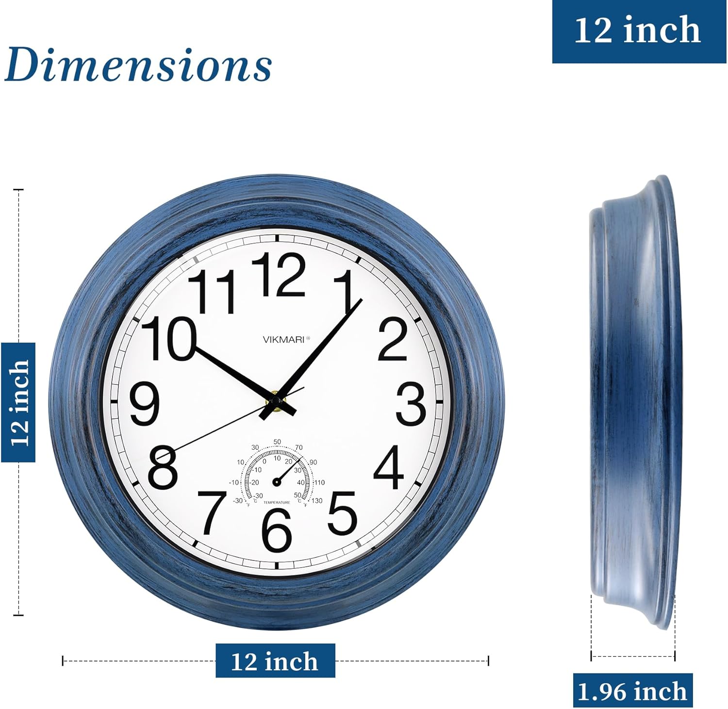 VIKMARI Indoor Outdoor Sealed Glass Clock Waterproof Silent Classic Quartz Clocks Thermometer Battery Operated Wall Clocks for Bathroom Patio Pool Wall Decor (12 Inch,Rustic Blue)