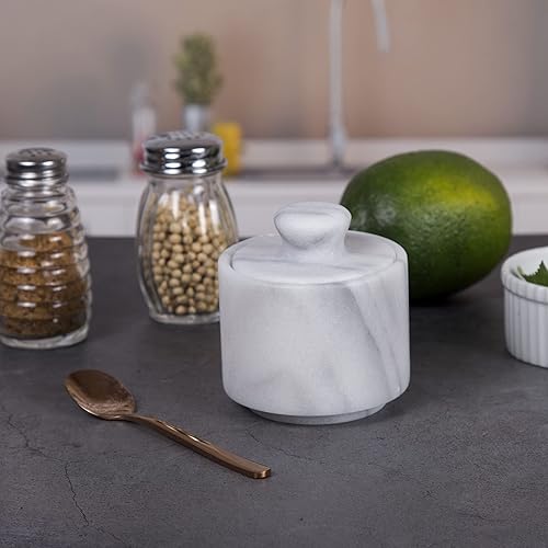 Miniatura 4 de Creative Home Recipiente redondo de mármol natural para sal y especias para sal y pimienta, 3 pulgadas de diámetro x 3.3 pulgadas de alto, blanco
