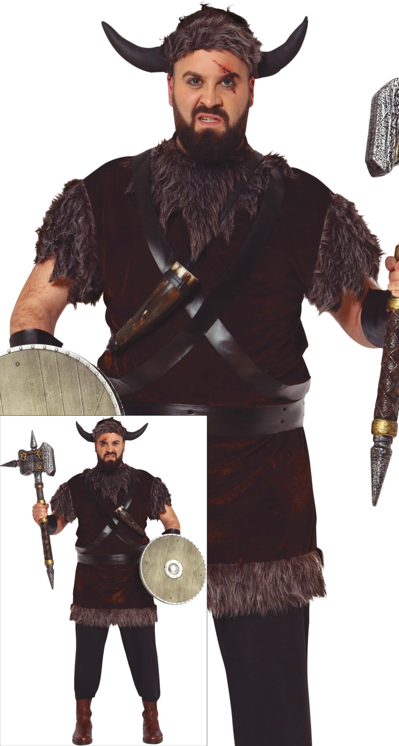 FIESTAS GUIRCA Disfraz de Guerrero Vikingo para Hombre - Disfraz Histórico de Rey Bárbaro para Hombre incl. Tocado de Cuernos Talla