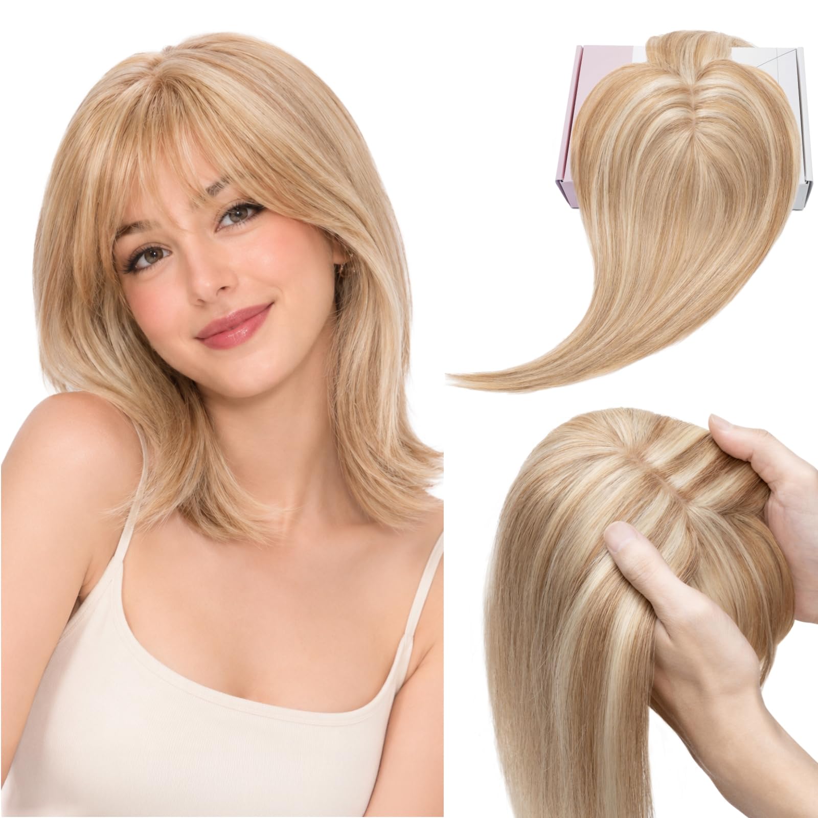 Rich Choices Clip in Pony Haarteile Echthaar für Damen 360°3D‑Abdeckung Haartopper Remy Human Hair Topper Echthaar Oberkopf Haarteile mit Pony 40cm #12/613 Sandblond mit Platinblond