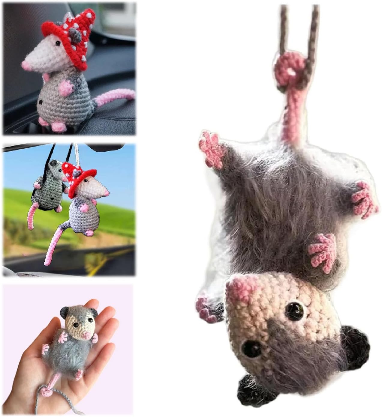 Handmade Knitted Possum Car Charm, Cute Opossum Rearview Mirror Decoration, for Opossum Lovers