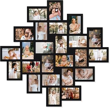 Adeco 35x35 Inch Large Square Collage Picture Frame - Holds 24 4x6 Photos, Black Wood Family Tree Photo Board for Living Room, Hallway & Bedroom Wall Decor
