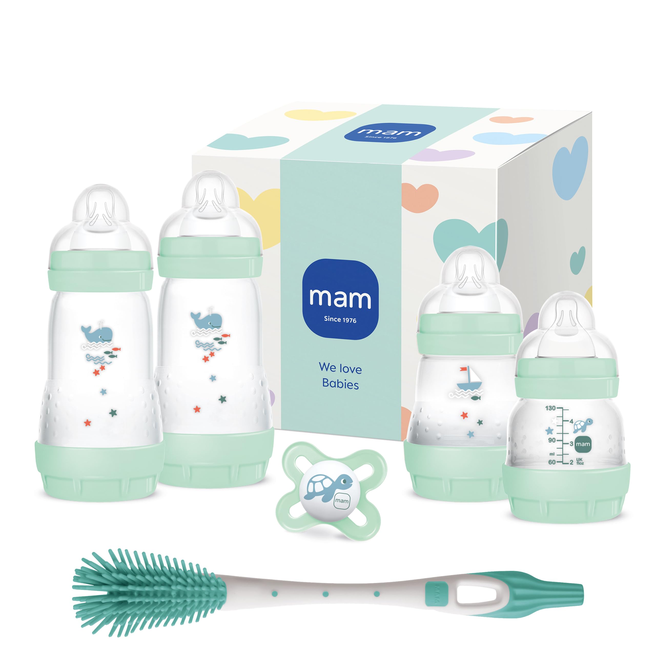 MAM Easy Start Anti-Colic Neugeborenen-Set | 0+ Mon | Babyflaschen-Set | 94% Akzeptanz & 96% Hebammen-Empfehlung | 80% weniger Koliken | 4 Trinkflaschen, 1 Original Schnuller & 1 Soft Brush | mint