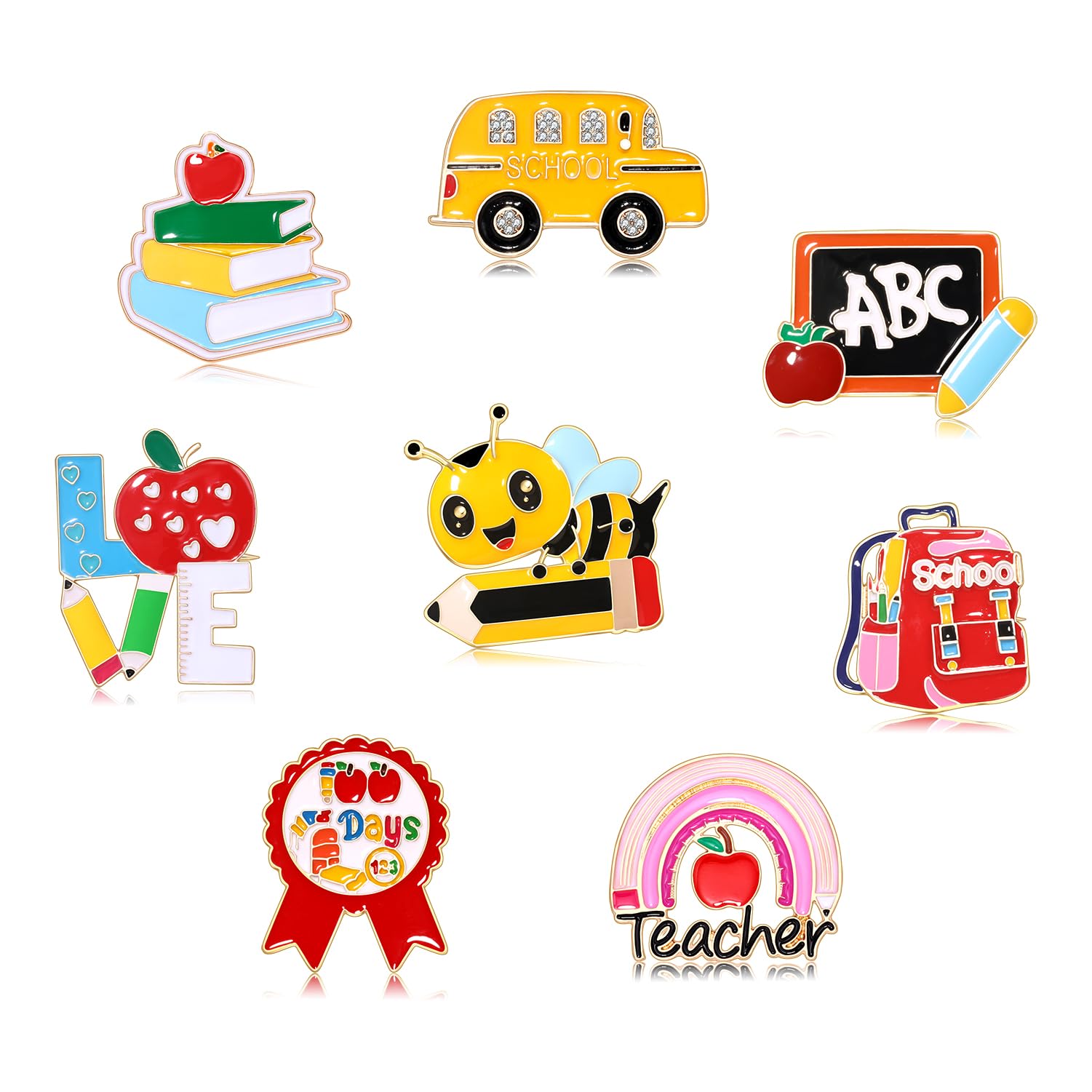 Back to School Brooches Enamel Teacher Brooch Pins Cute Lapel Pin Set Rainbow Pencil Schoolbag Brooches Pin Welcome Back to School Gift for Backpack