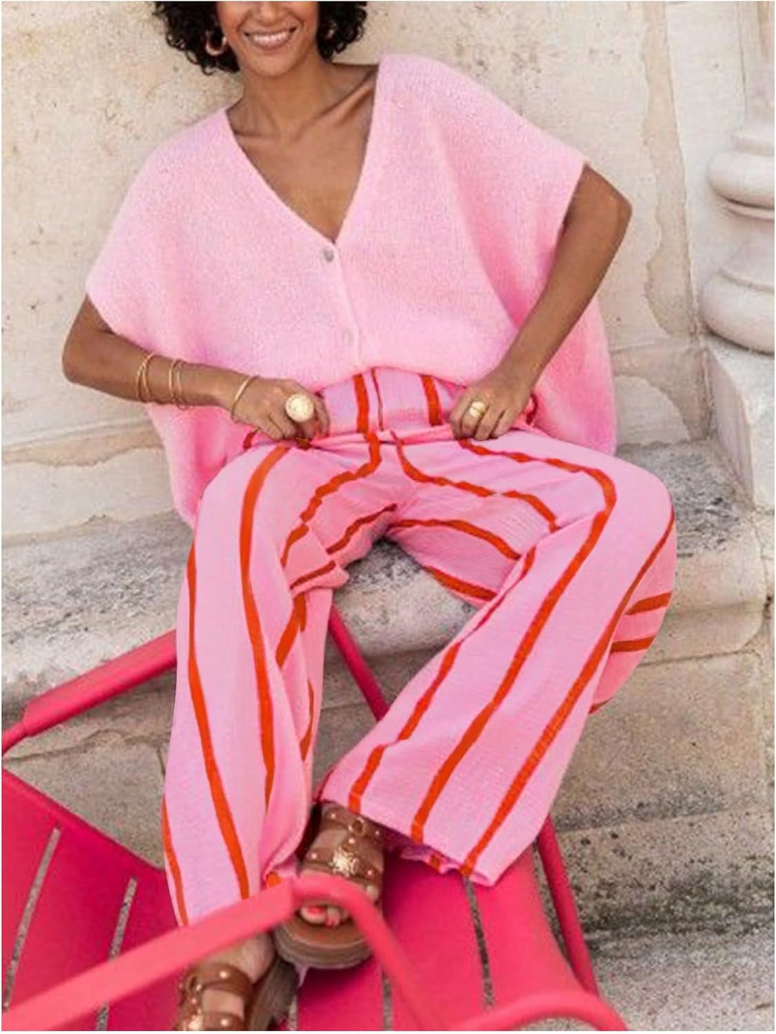 SHENHE Women's Summer Striped Wide Leg Pants Elastic High Waisted Casual Loose Pants Trousers - Image 3