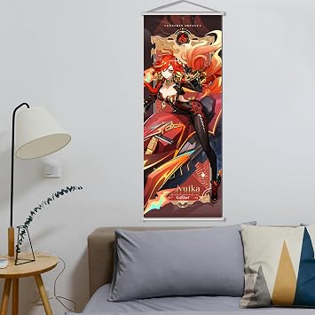 Rainteam Anime Poster Game Hanging Wall Art Artistic Canvas Genshin Character Posters with Rods for Living Room Bedroom Decor(29.5 inch x 11 inch) (Mavuika)