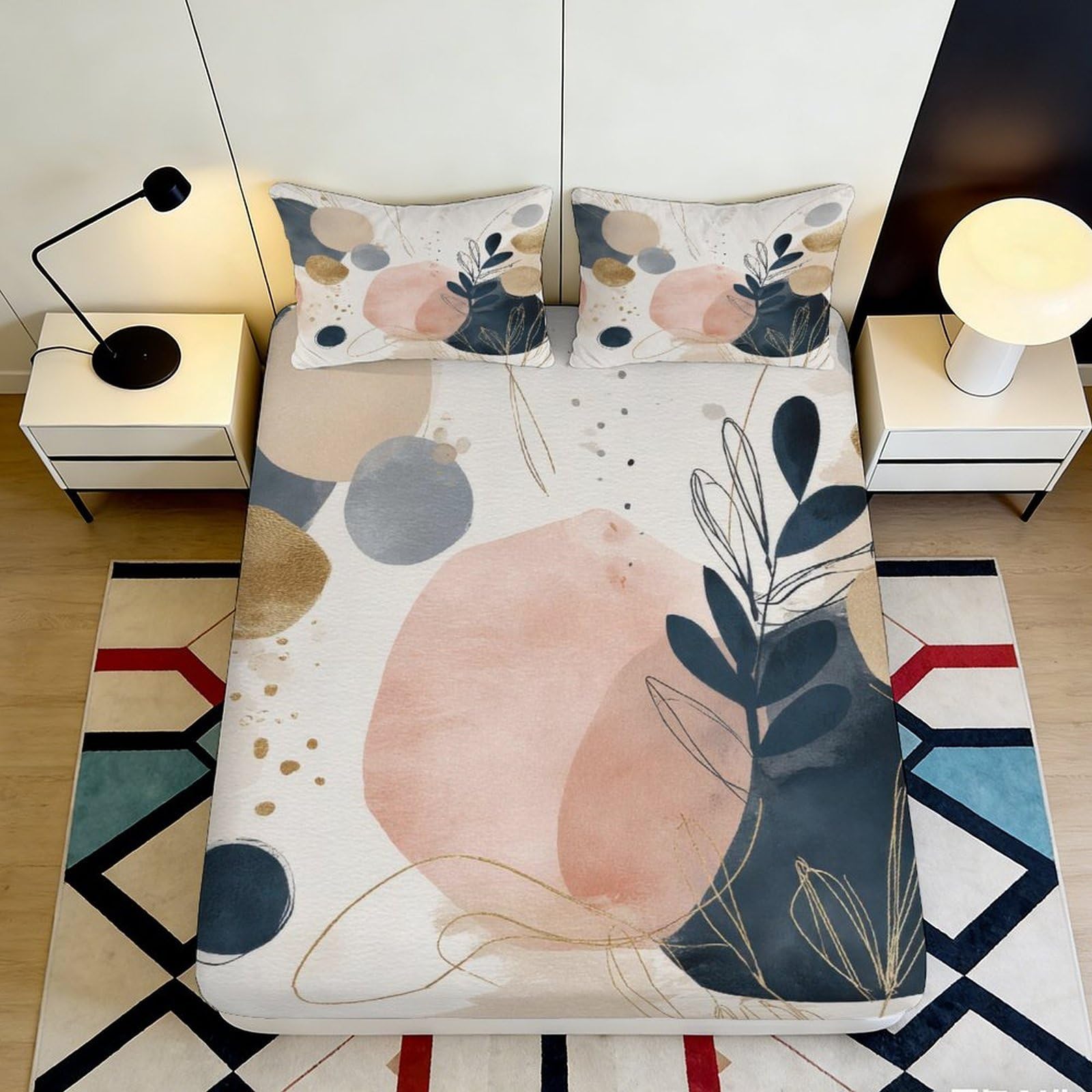 3D Printed Abstract Geometric Fitted Sheet Microfiber Soft Breathable Artistic Pattern Bed Cover for Bedroom Dormitory Guest Room Mattress Protection 90x200x25cm