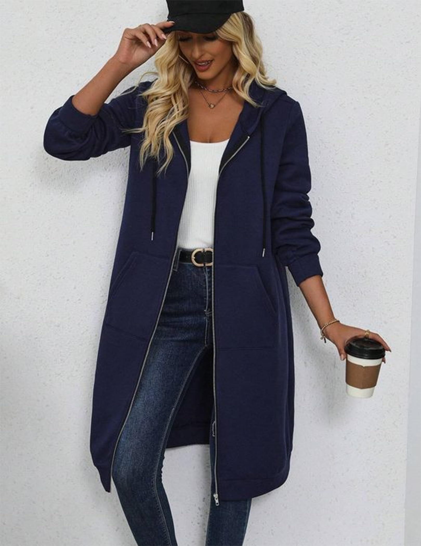 Zeagoo Felpe con cappuccio da donna con zip oversize in pile lunghe a tunica felpe casual a maniche lunghe 2026 autunno giacca con cappuccio cappotto, Blu scuro, XXX-Large