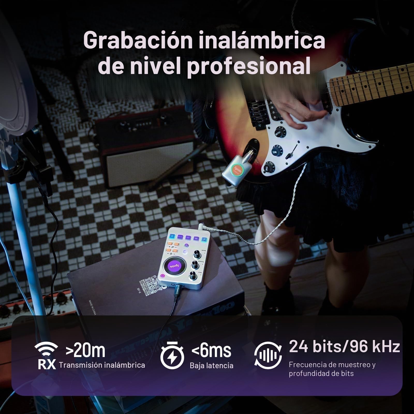 Synido Sistema de guitarra inalámbrico de 5,8 GHz, receptor transmisor de instrumento musical eléctrico recargable con tarjeta de sonido, 24 bits/96 KHz, baja latencia, compatible con Bluetooth BGM