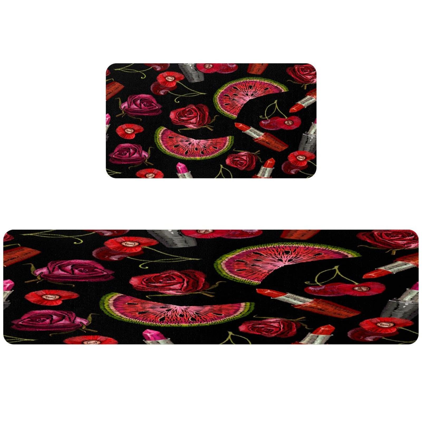 Lot de 2 tapis de cuisine antidérapants brodés à motifs fruits et rouge à lèvres