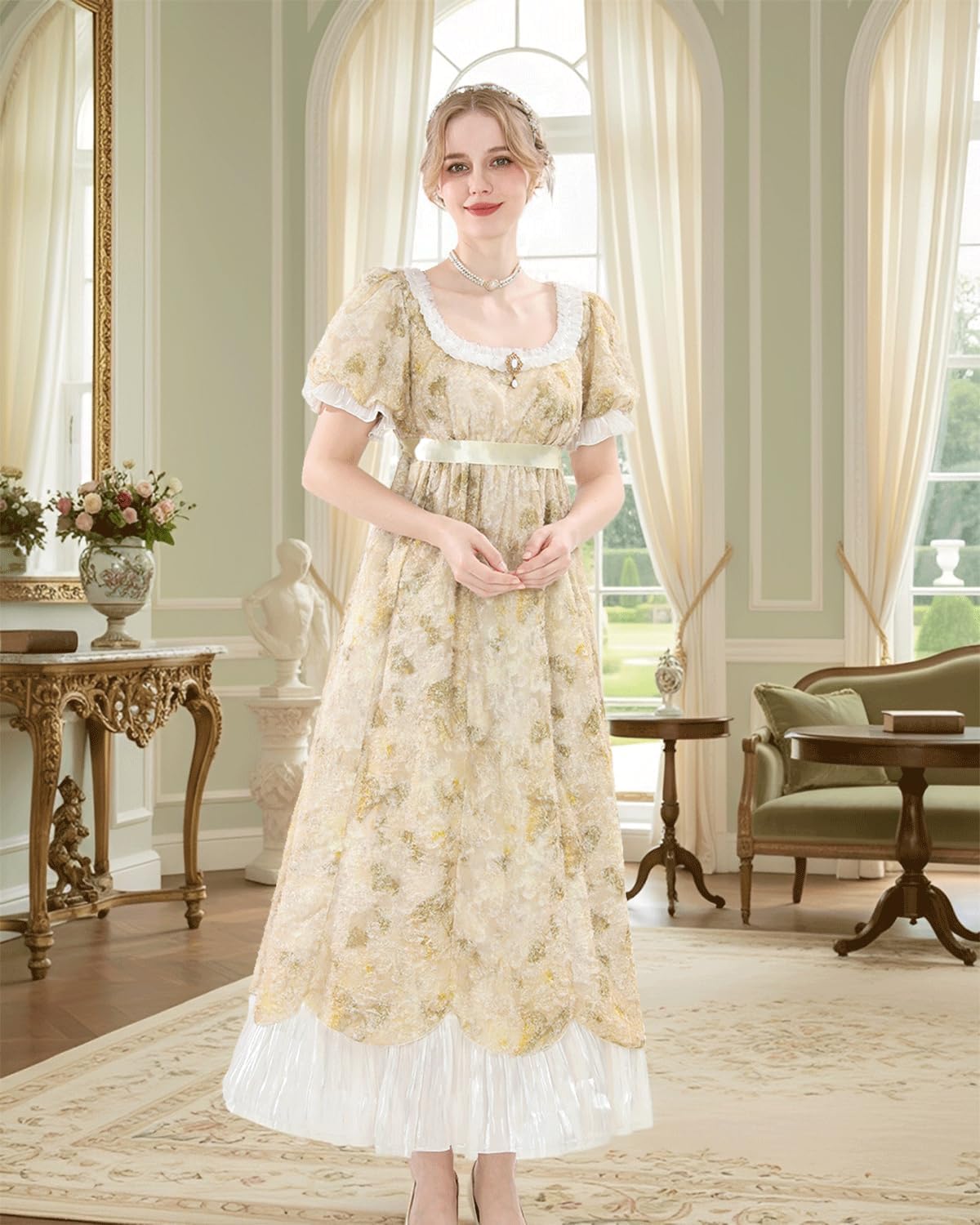 NSPSTT Regency Dresses for Women Feather Jacquard Empire Waist Costume Floral Tea Party Dress Gown - Image 7