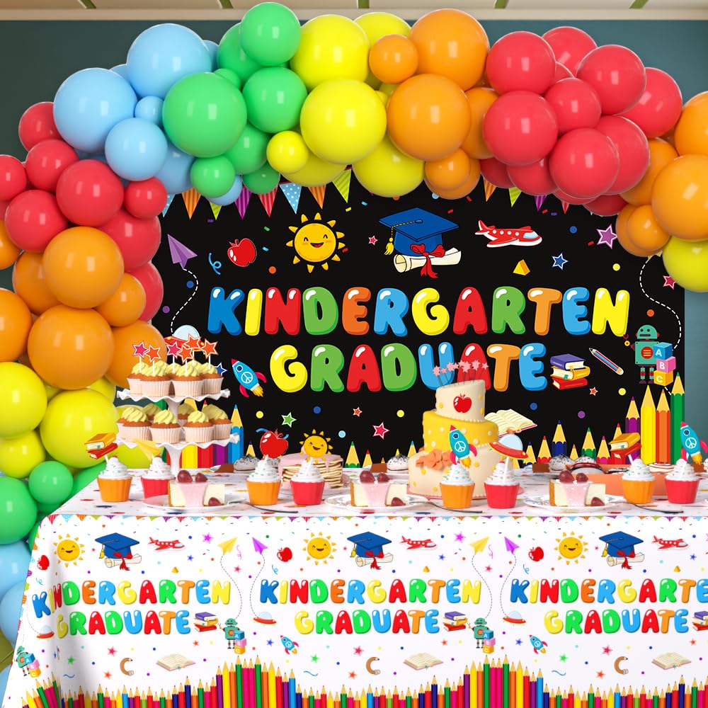 AIBIIN 104Pcs Kindergarten Graduation Decorations 2025 Kindergarten Graduation Party Supplies with Kindergarten Graduate Banner, Tablecloth, Rainbow