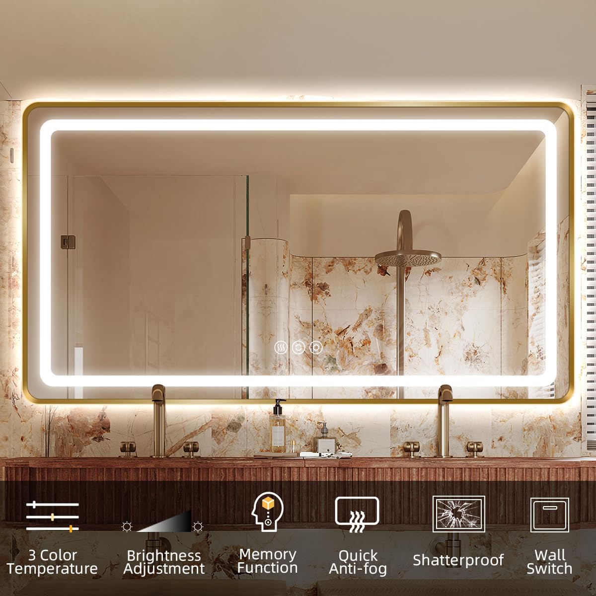 36"H x 48"W Gold LED Bathroom Mirror with Lights, Rectangle-Rounded-Corner Lighted Mirrors for Bathroom Wall, Memory Function, Anti-Fog, 3-Color, Frontlit & Backlit Mirror, UL-Listed, CRI 90+