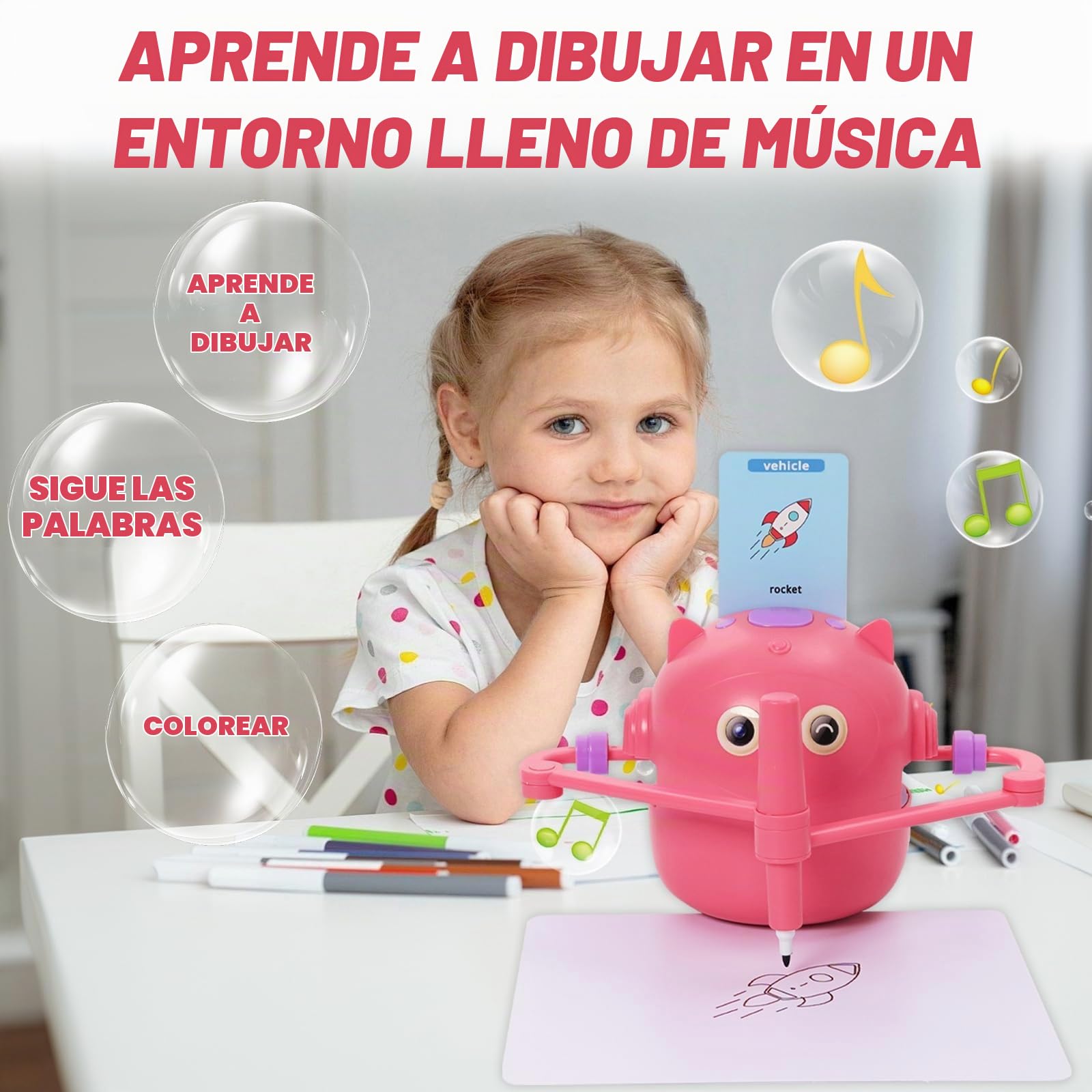 Robot de Dibujo para Niños, Drawing Robot Educativo Interactivo con Interacción de Voz, 100 Tarjetas y 14 Lápices, Robots Inteligente Juguete, Regalo de Cumpleaños para Niños Niñas 3+ Años(Rosa)