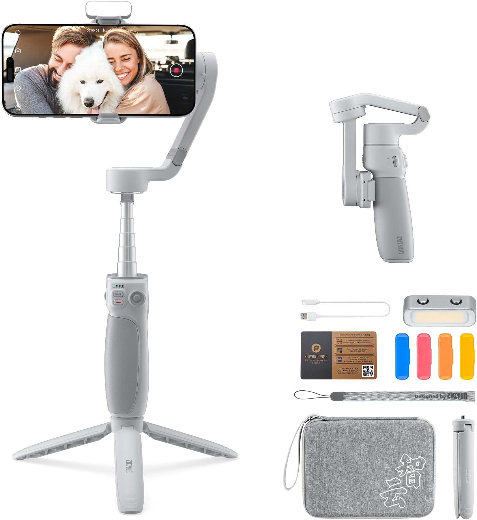 ZHIYUNSmooth Q4 Combo [Official] 3-Axis Gimbal Stabilizer for Smartphones with 215mm Extenable Rod, Magnetic Fill Light, Ideal for Vlog YouTube TikTok Instagram Live Video, for Android and iPhone