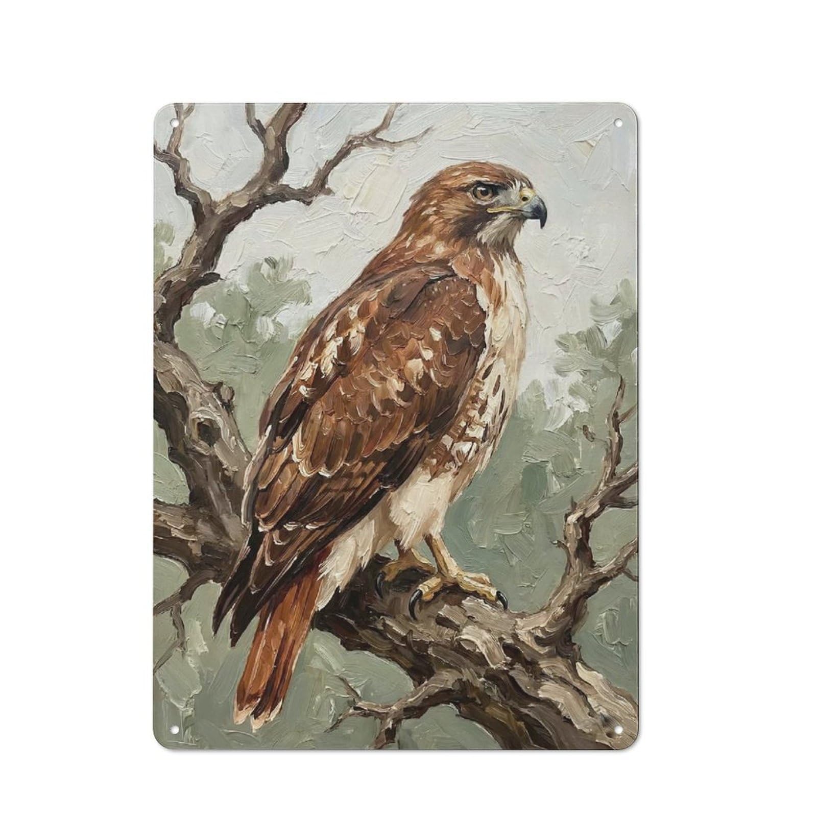 Junmoney Style-16 Painting Of A Red-Tailed Hawk On A Branch Rustic Tin Sign 40X30cm For Lounge Or Reading Corner, For Metal Sign Collectors, For Cafés, Pubs And Restaurants