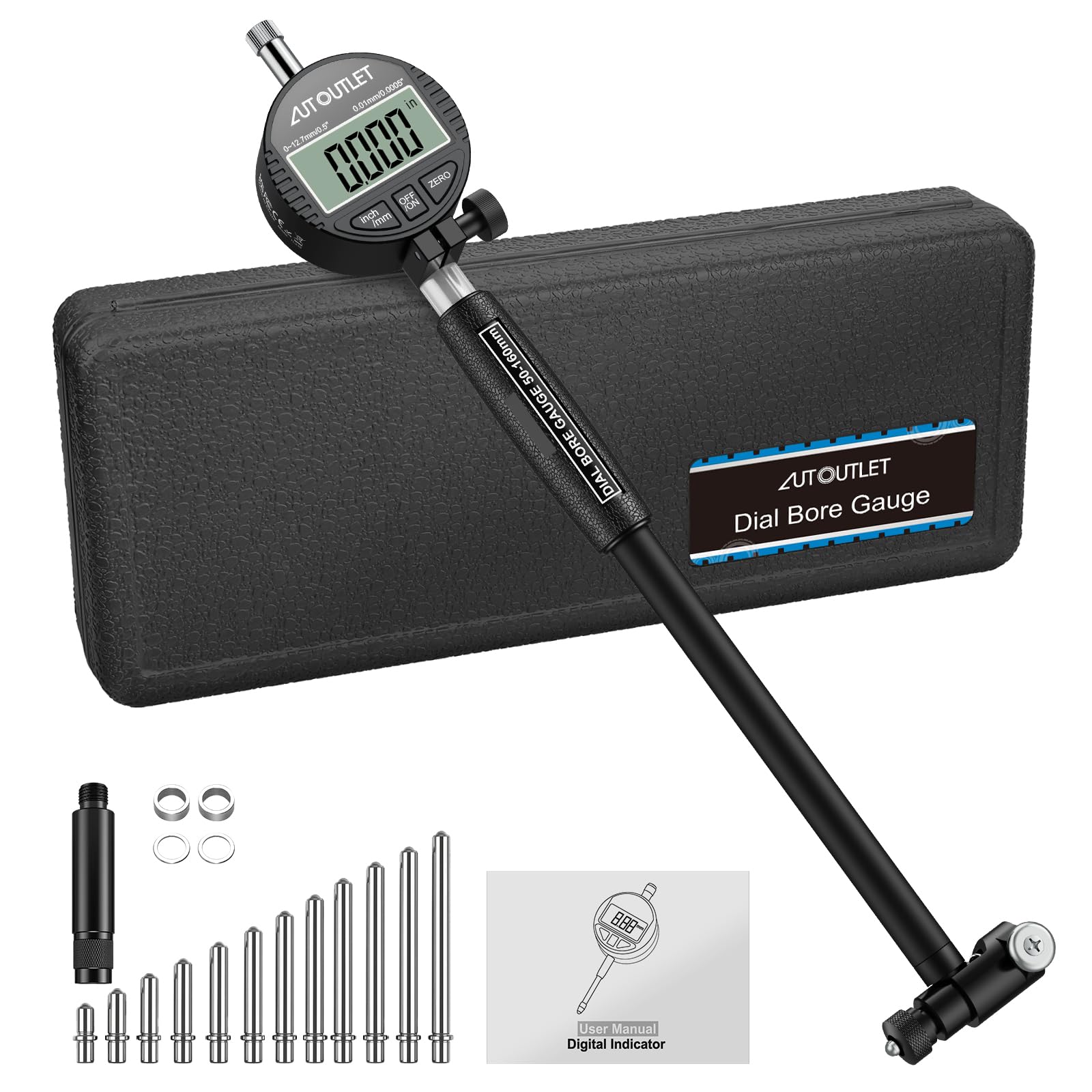 AUTOUTLET Bohrungslehre Messuhr Set 50-160mm, Digitales Bohrungsmessgerät Innenmessgerät Hohe Präzision 0,01mm Innendurchmesser Messuhren mit 12 Sonden & Box, Dial Bore Gauge Industriemesswerkzeug