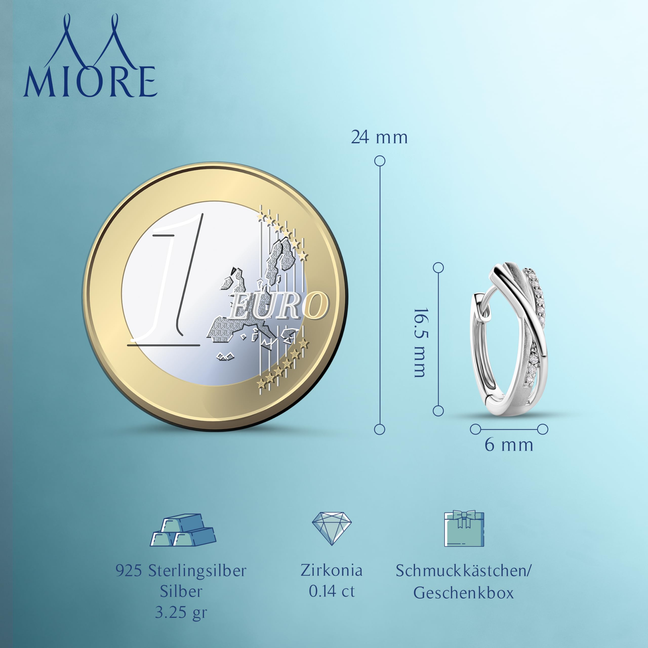 MIORE Schmuck Damen, Ohrringe Silber 925 / Silber Vergoldet 18K Gold, Creolen Silber mit Zirkonia, gekreuzte Kreolen, runde Hoops Ohrringe Damen, Ohrschmuck mit Schmuckkästchen