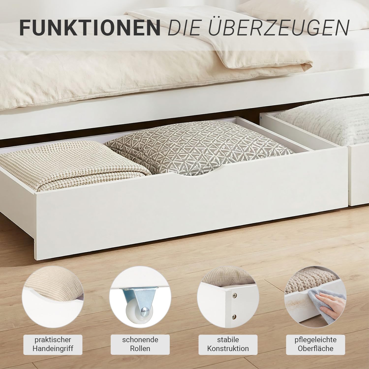 Homestyle4u 2er Set Bettkästen mit Rollen Weiß - Kiefer Bettschubladen | Stabiler Unterbettkasten aus Massivholz, 94x19x63,5 cm, für Etagenbetten, Stauraum für Bettwäsche & Spielzeug