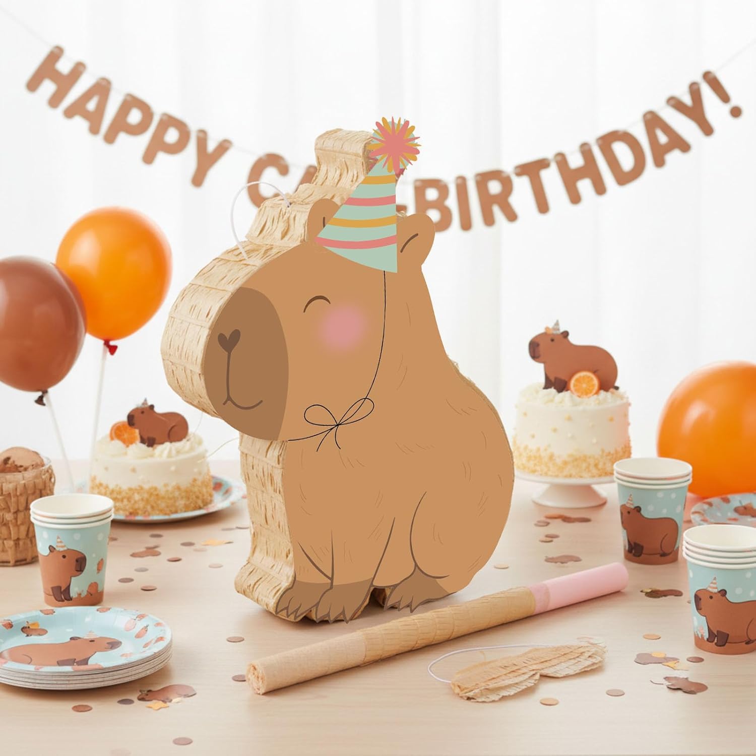 Aoriher Capybara Piñata with Stick Blindfold & Confetti - Birthday Party Favors Decorations for Animal Theme Party Supplies Toys Outdoor Games, 15 x 13 x 3.2 Inch