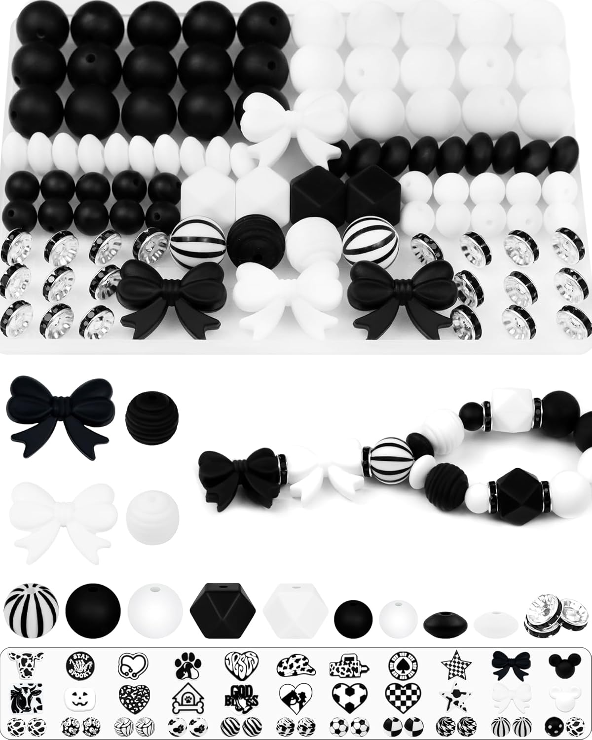 106PCS FIVEIZERO Black & White Focal Silicone Beads for Keychain Making – Bow, Round, Lentil, Hexagon & Rhinestone Spacer Beads for Pens, Bracelets & DIY Crafts (Sweet Style)