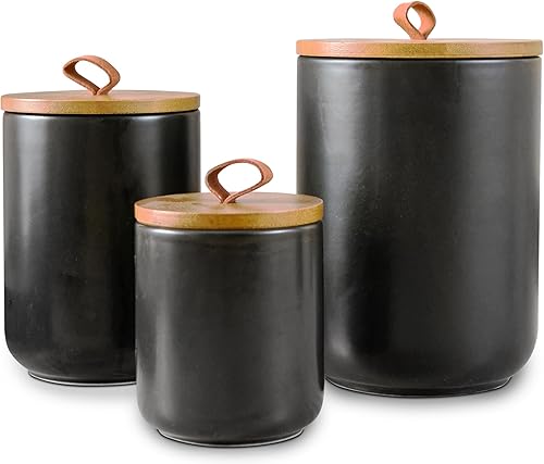 Miniatura 10 de Juego de recipientes de cerámica con tapas herméticas de bambú, tarros de almacenamiento de cocina de 3 piezas (48 onzas, 30 onzas, 12 onzas), color