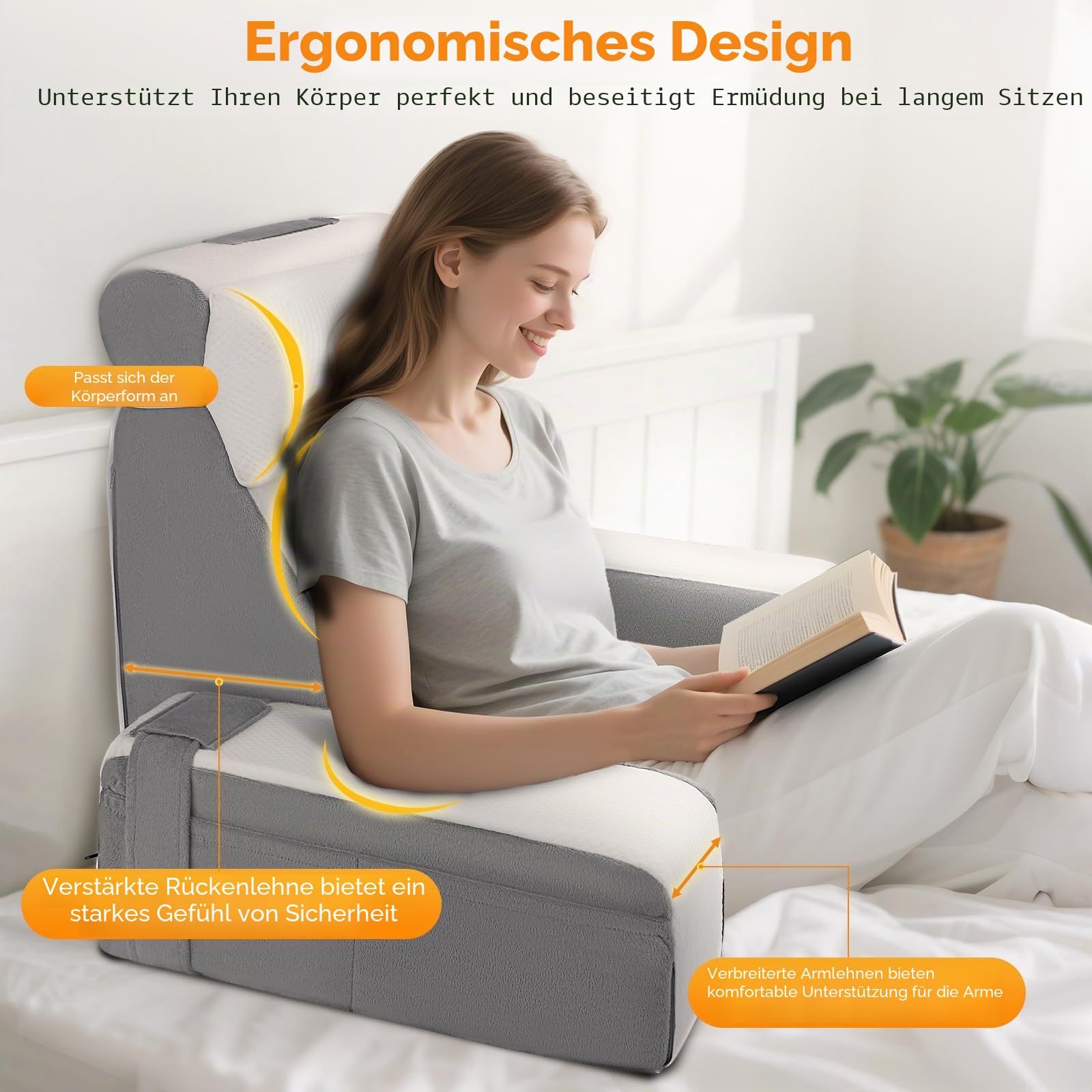Lesekissen für Bett und Sofa, Rückenkissen aus Memory Foam mit Nackenkissen und Abnehmbaren Armlehnen, Erwachsenen Rückenkissen zum Lesen Fernsehen Videospiele