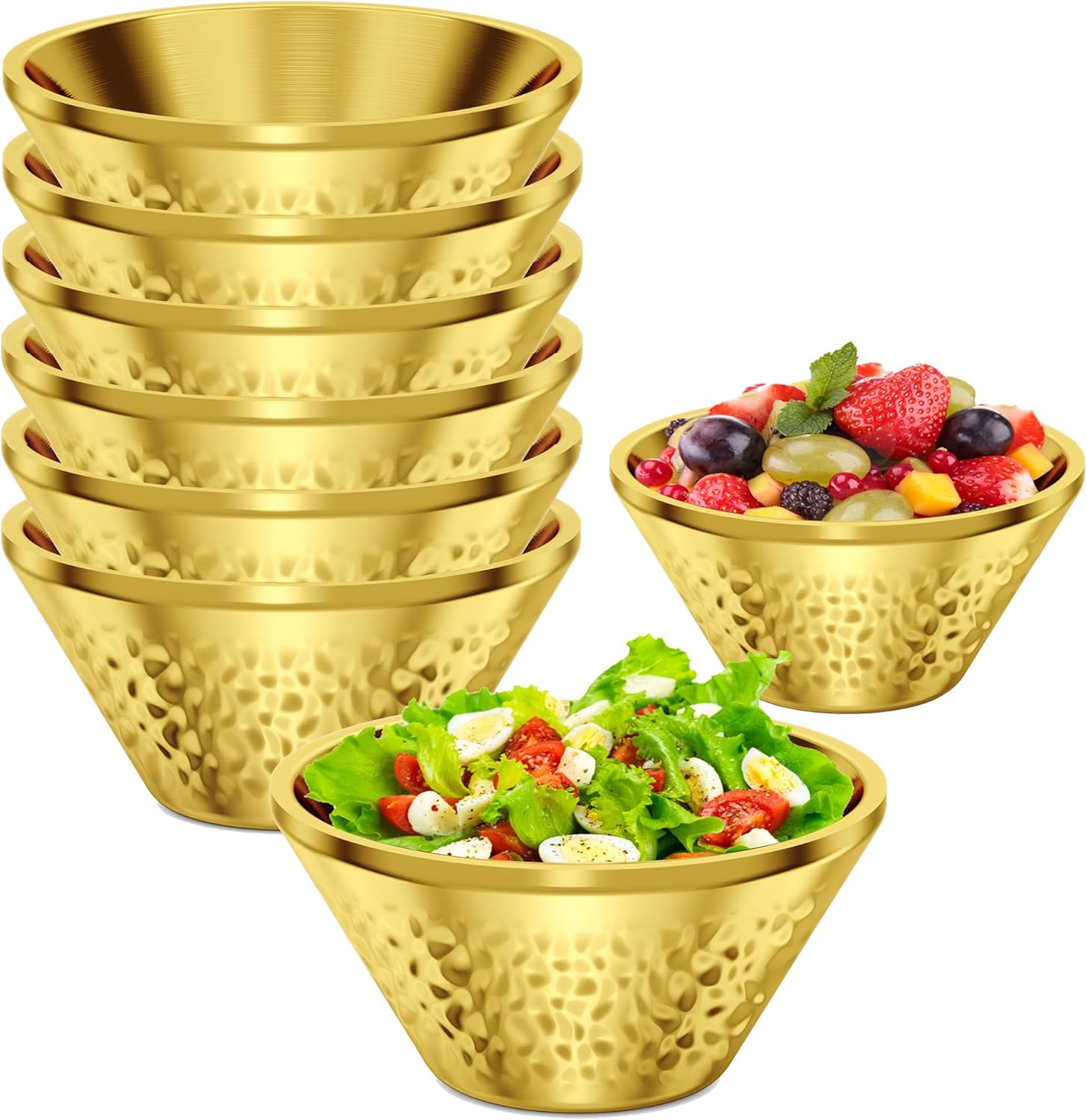8Pcs 21 Oz Gold 304 Stainless Steel Soup Bowl, 5.9 In Double Walled Insulated Metal Mixing Bowl, Multi-Purpose Kitchen Serving Bowls for Snack, Rice, Ramen, Fruit, Ice Cream