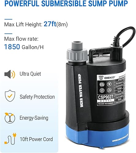 Miniatura 2 de DEKOPRO Bomba de agua sumergible 14 HP 1850GPH Bomba de agua termoplástica eléctrica portátil de transferencia para piscina, tina, jardín, drenaje