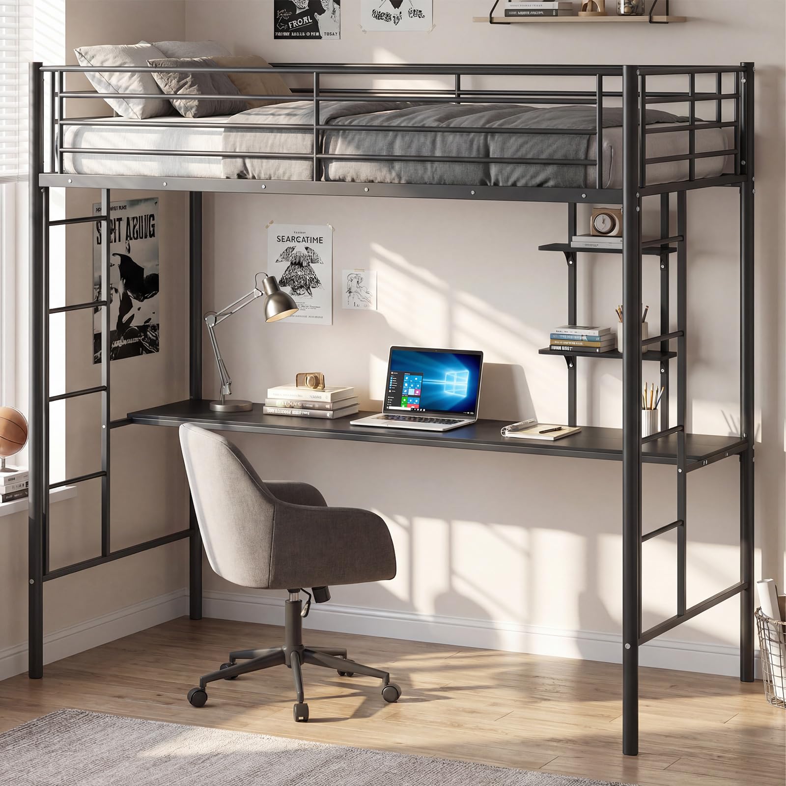COSTWAY Metal Bunk Bed with Desk and Shelves, 2 Ladders Loft Bed Frame with Safety Guardrail, Space-Saving Bedroom Dorm Single High Sleeper Beds for Kids Teens Adults, No Box Spring Needed (Black)