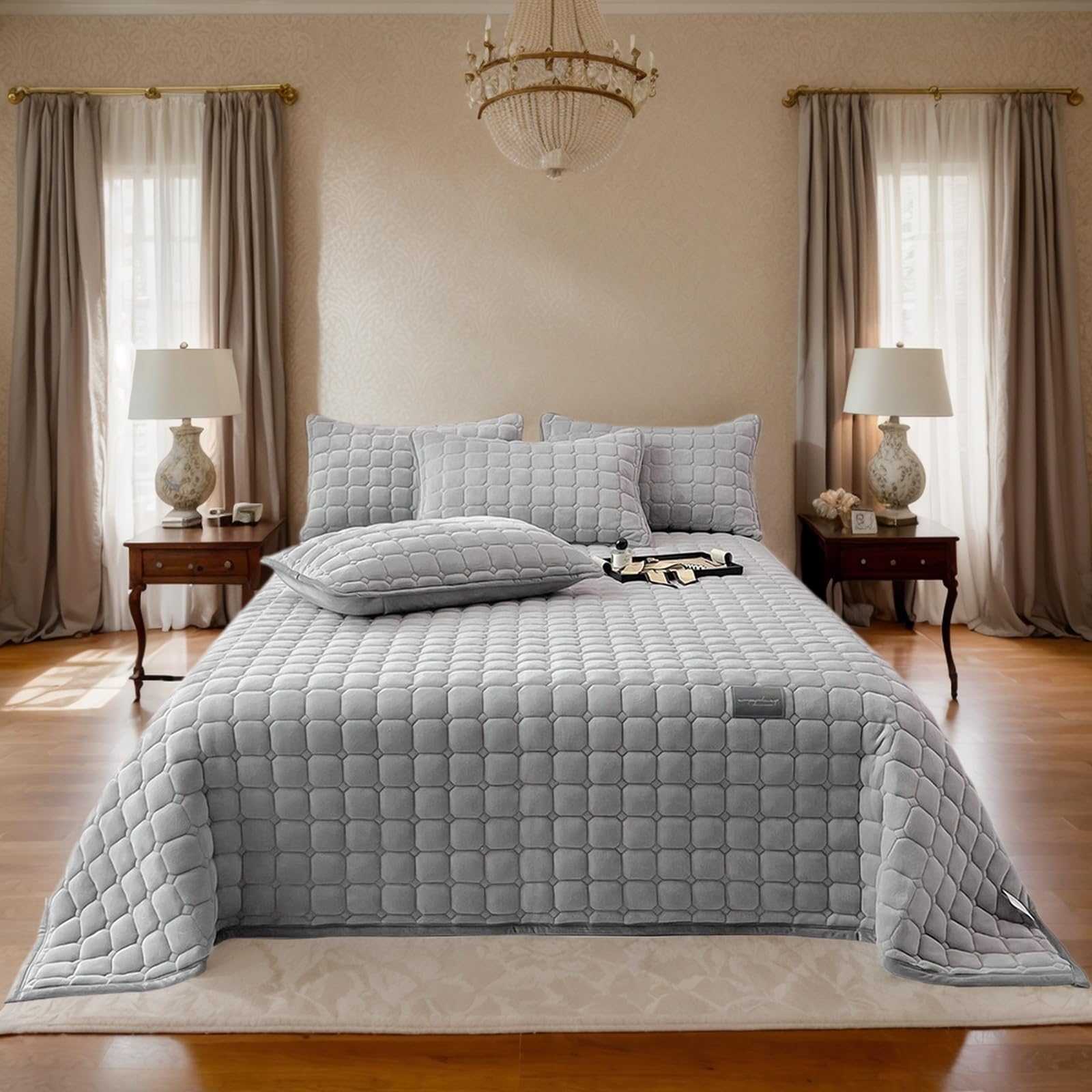 Extra Grande Edredón Cubrecama: Cubierta Versátil de Estilo Acolchado de Terciopelo de Leche 3 Piezas 230 X 250 Cm con 2 Fundas de Almohada 50 X 70 Cm, para Dormitorio o Sala de Estar (Gris Claro)
