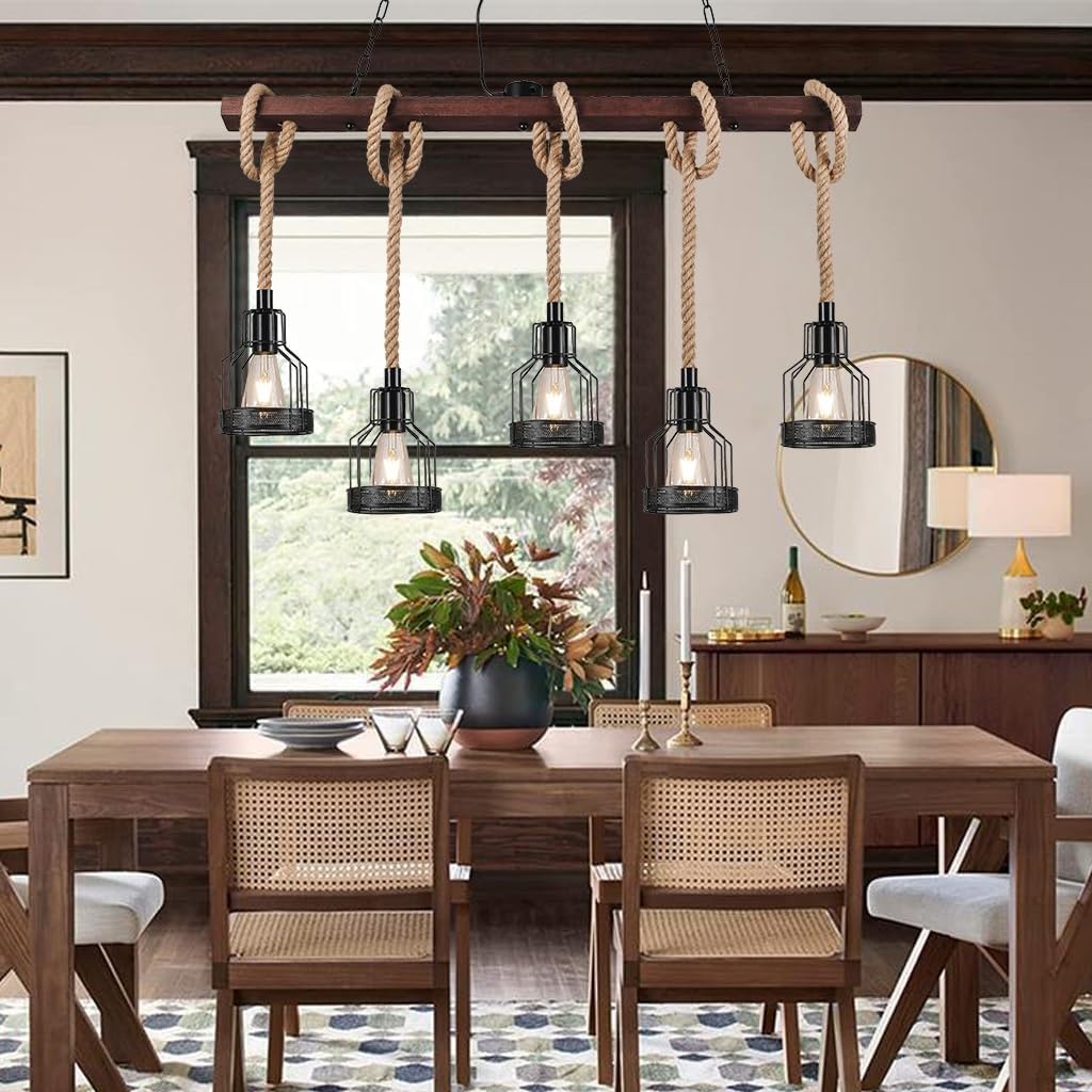 5 Lights Industrial Wooden Vintage Pendant Lamp Metal Chandelier Retro Ceiling Light Farmhouse Hanging LightingHeight Adjustable Fixture Height Adjustable Fixture for Pool Table Kitchen Island Bar
