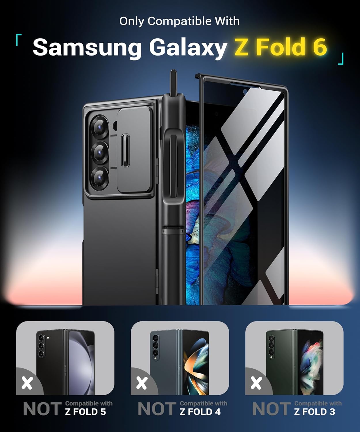 BERFY for Z Fold 6 Case with Screen Protector, Built-in S Pen Holder, Slide Camera Cover, Hidden Kickstand, Full Body Shockproof Slim Phone Case for Samsung Galaxy Z Fold 6, Privacy Black