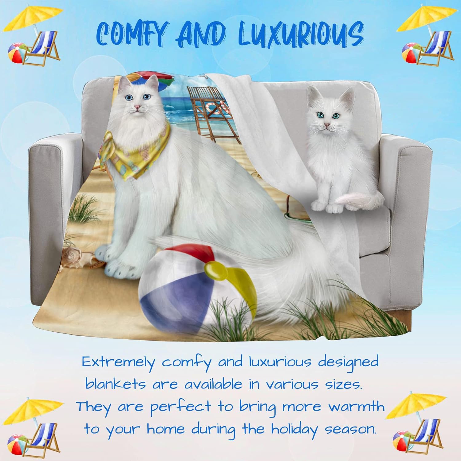 Pet Friendly Beach Turkish Angora Cat Blanket - Lightweight Super Soft Cozy and Durable Bed Blanket - Animal Theme Fuzzy Blanket for Sofa Bed Couch BLNKT57061 (50x60 Sherpa)