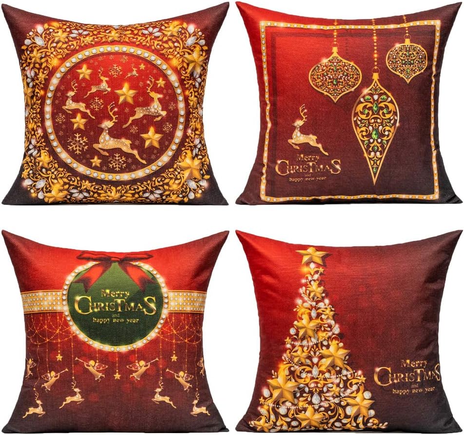 All Smiles Christmas Throw Pillow Covers 18x18 Set of 4 Xmas Red Gold Decorations Holiday Outdoor Indoor Navidad Home Decor for Couch Sofa Living Room