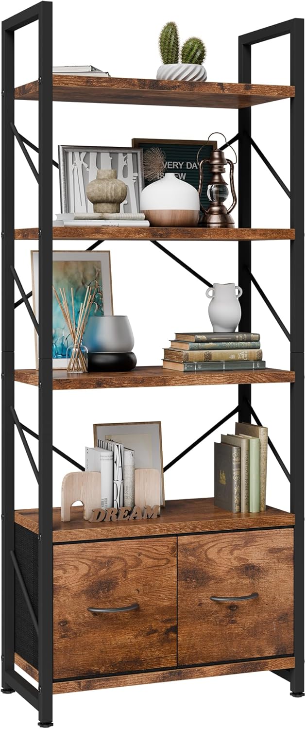 Shintenchi 5 Tier Bookshelf with Drawers, Display Standing Shelf Units, Wood and Metal Bookshelves Storage Organizer, Bookcase for Home Office Bedroom, Kitchen, Living Room, Rustic Brown