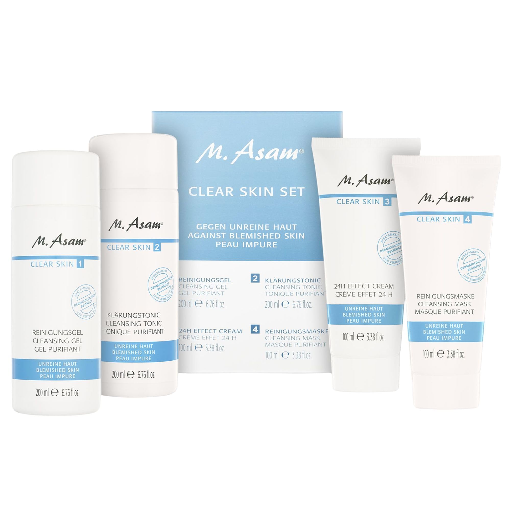 M. Asam CLEAR SKIN Set – Gesichtsreinigungs-Set gegen Pickel & Hautunreinheiten beinhaltet Reinigungsgel (200ml), Klärungstonic (200ml), 24H Effect Cream (100ml) & Reinigungsmaske (100ml)