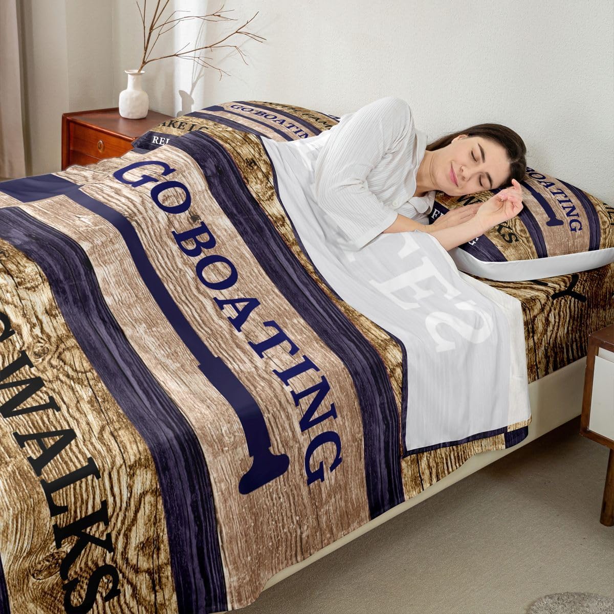 Lake House Sheet Set Queen Size, Paddle Retro Wood Grain Bed Sheets For Kids Teens Adult Women, Retro Rustic Farmhouse Fitted Sheet - Go Boating Flat Sheet - 2 Pillow Cases Lake Cabin Decor, Brown