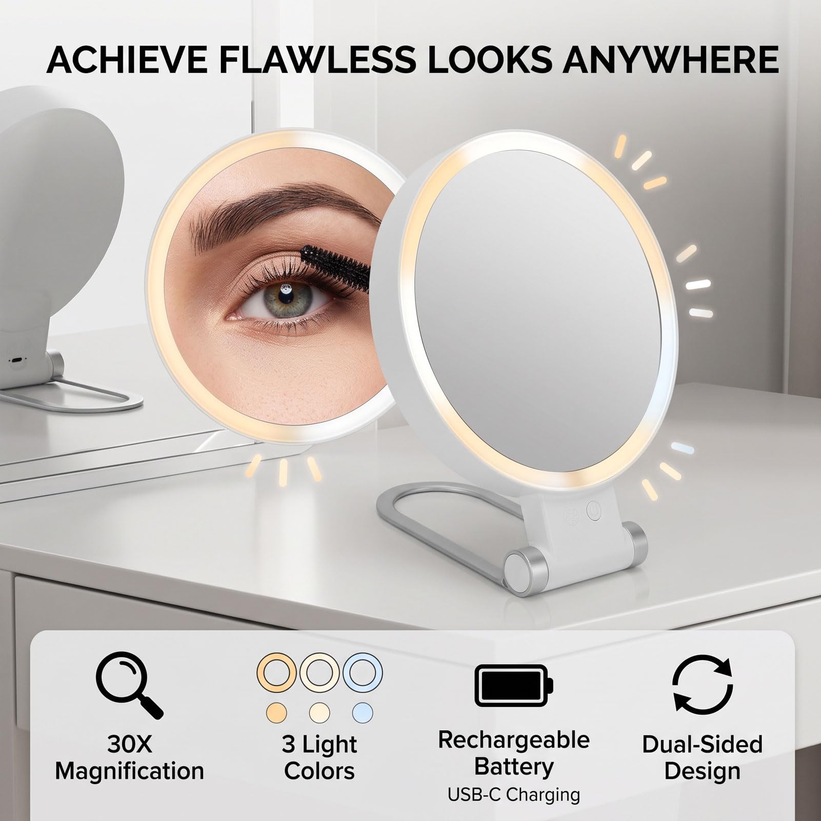 Espejo de Maquillaje con Luz LED, Ampliación 30X