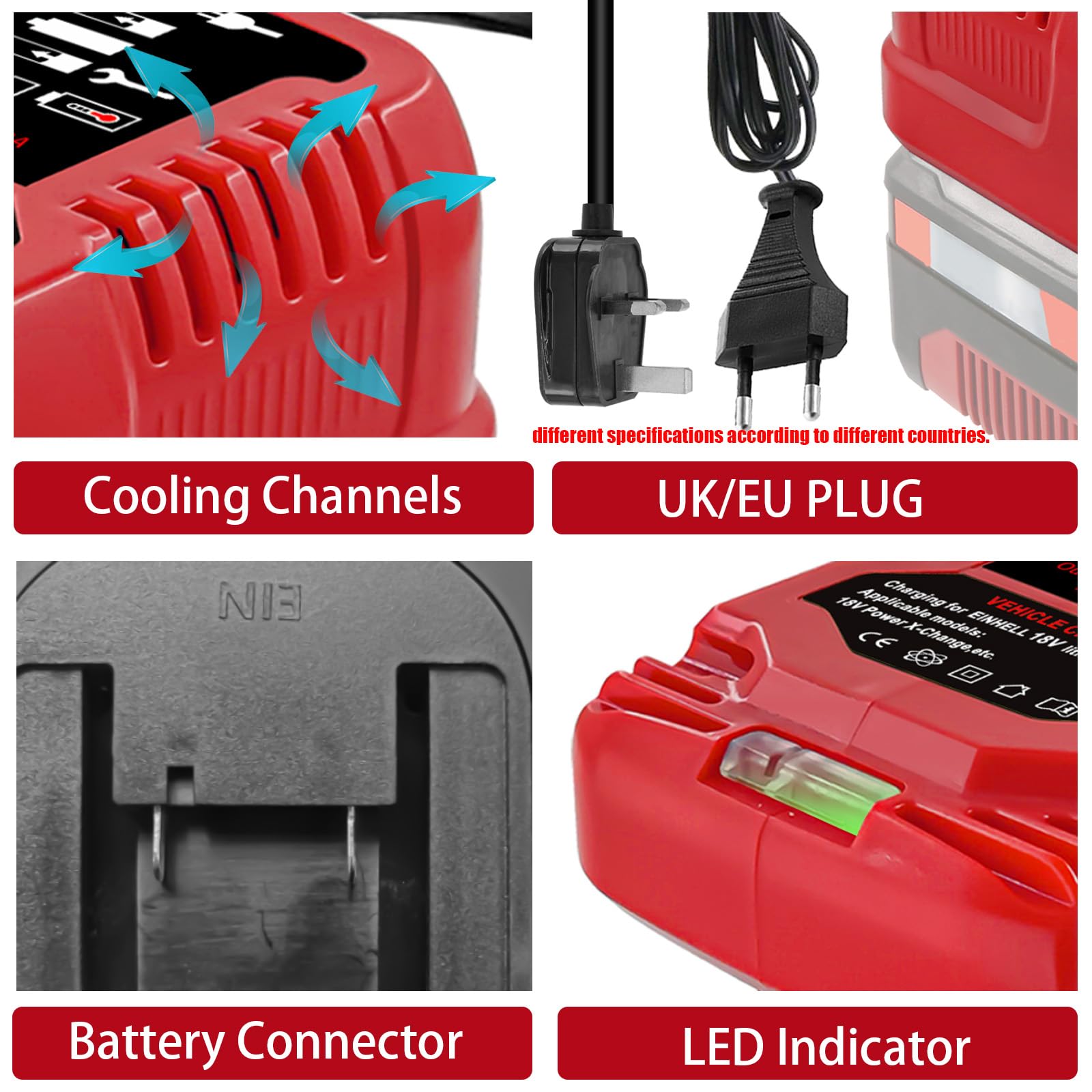 Schnellladegerät Ersatz für EINhell 18V Ladestation mit LED-Anzeige Kompatibel mit Einhell Power X-Change 18 Volt Akku 4511396 4511437 neu 4511437OVP(EU Plug)