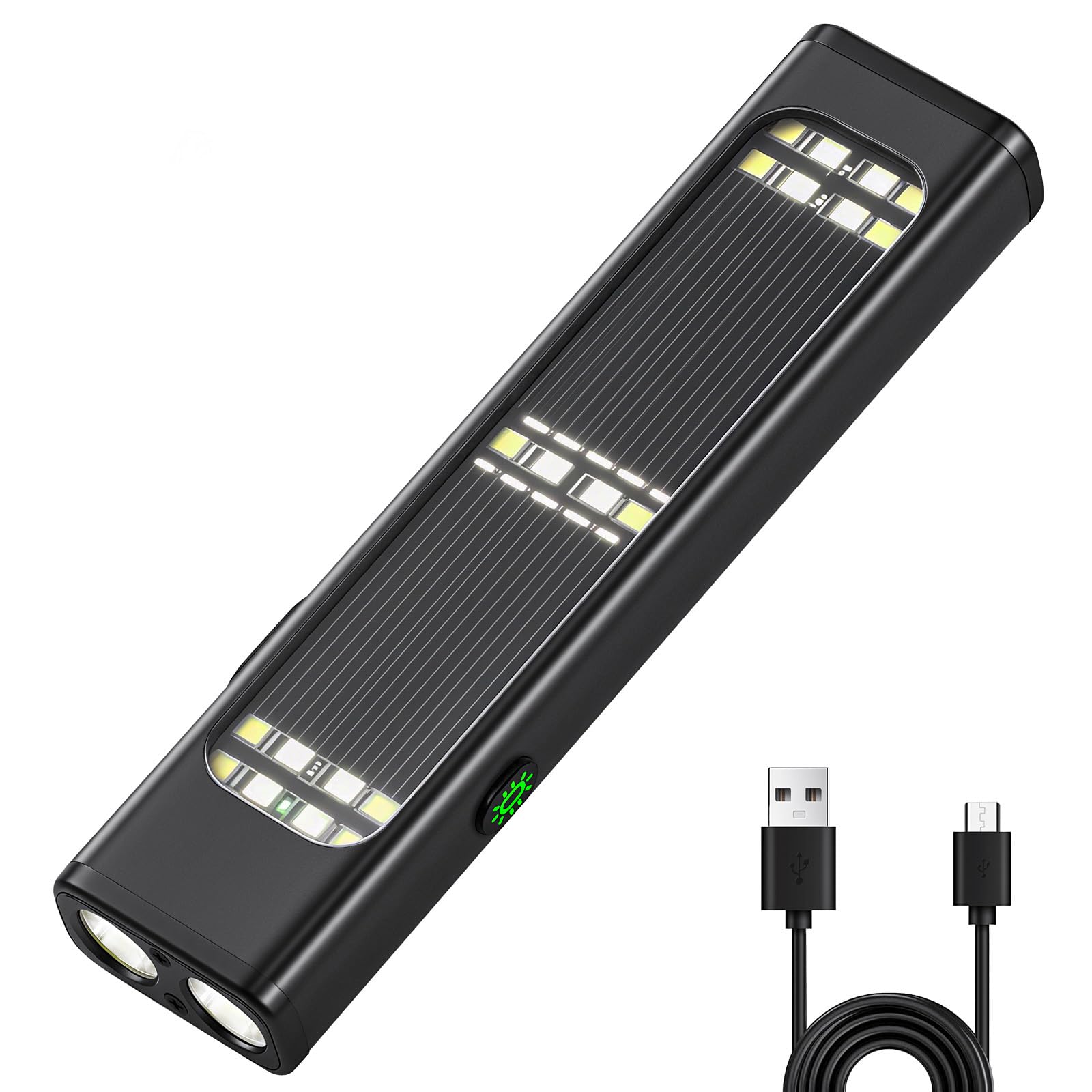 Linternas planas solares/recargables, linterna táctica EDC de 900 lúmenes, linterna pequeña LED multifunción, 7 modos IP65 impermeable para el hogar, campamento y uso de emergencia (negro)