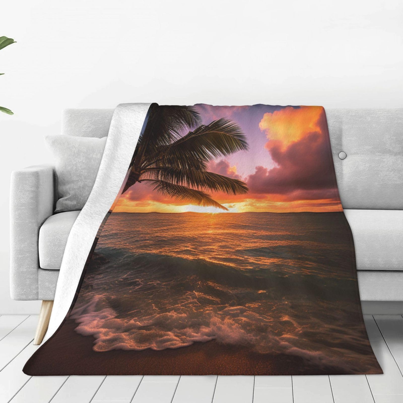 Palm Tree Sunset Beach Throw Blanket for Couch, Plush Fuzzy Soft Flannel Blankets and Throws for Sofa, 40"x30" Bed Blankets for Travel Camping Chair, All Season Warm Fleece Blanket