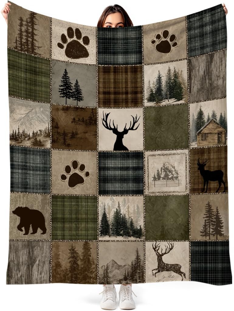 Rustic Cabin Throw Blanket Wildlife Hunting Bear and Deer Brown Green Plaid Patchwork Lodge Blankets Soft Cozy Flannel Fleece for Living Room Bedroom Couch Sofa Bed Camping, 50x60 Inch