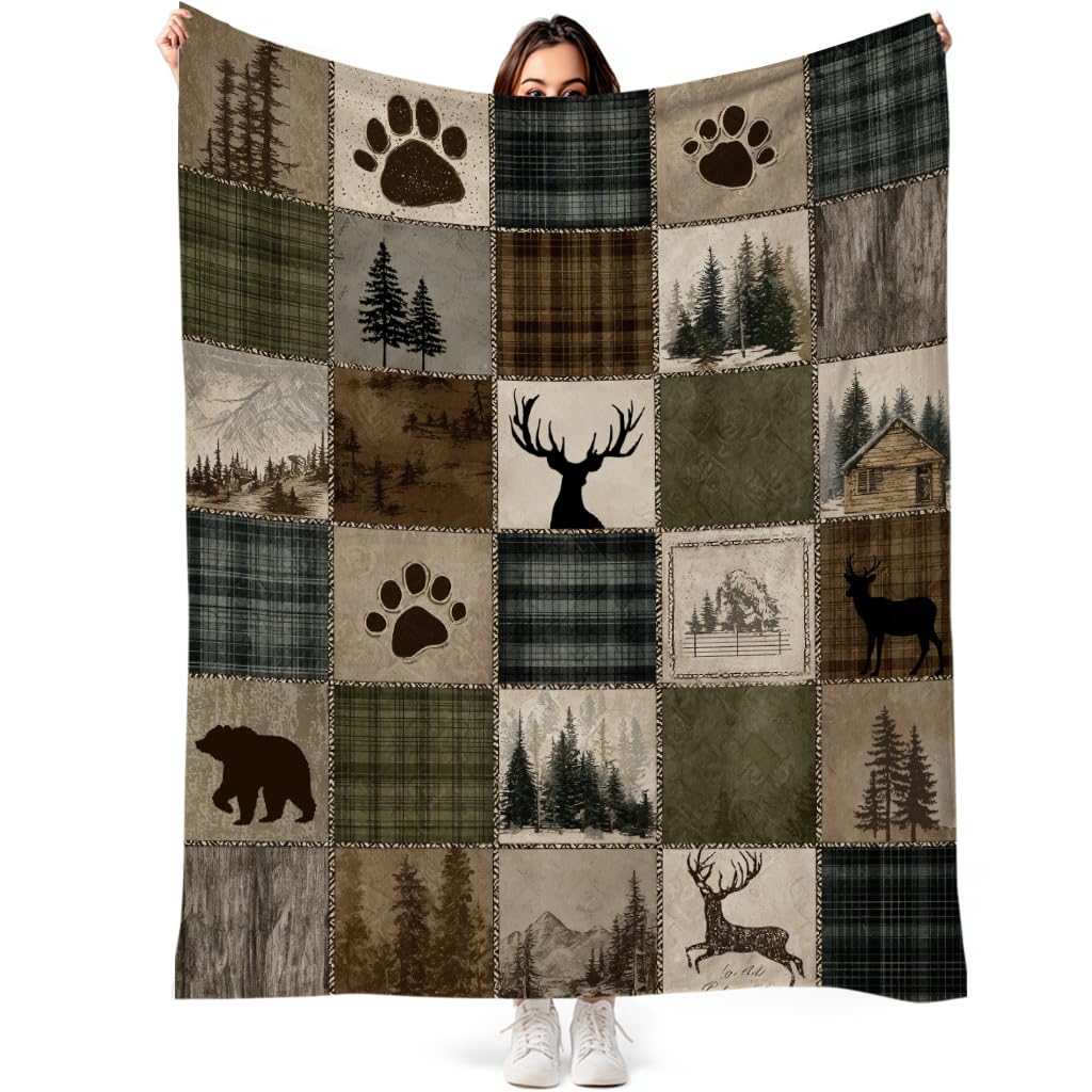 Photo 1 of DEMCEAR Rustic Cabin Throw Blanket Wildlife Hunting Bear and Deer Plaid Patchwork Lodge Blankets Soft Cozy Flannel Fleece for Living Room Bedroom Couch Sofa Bed Camping, 50x60 Inch