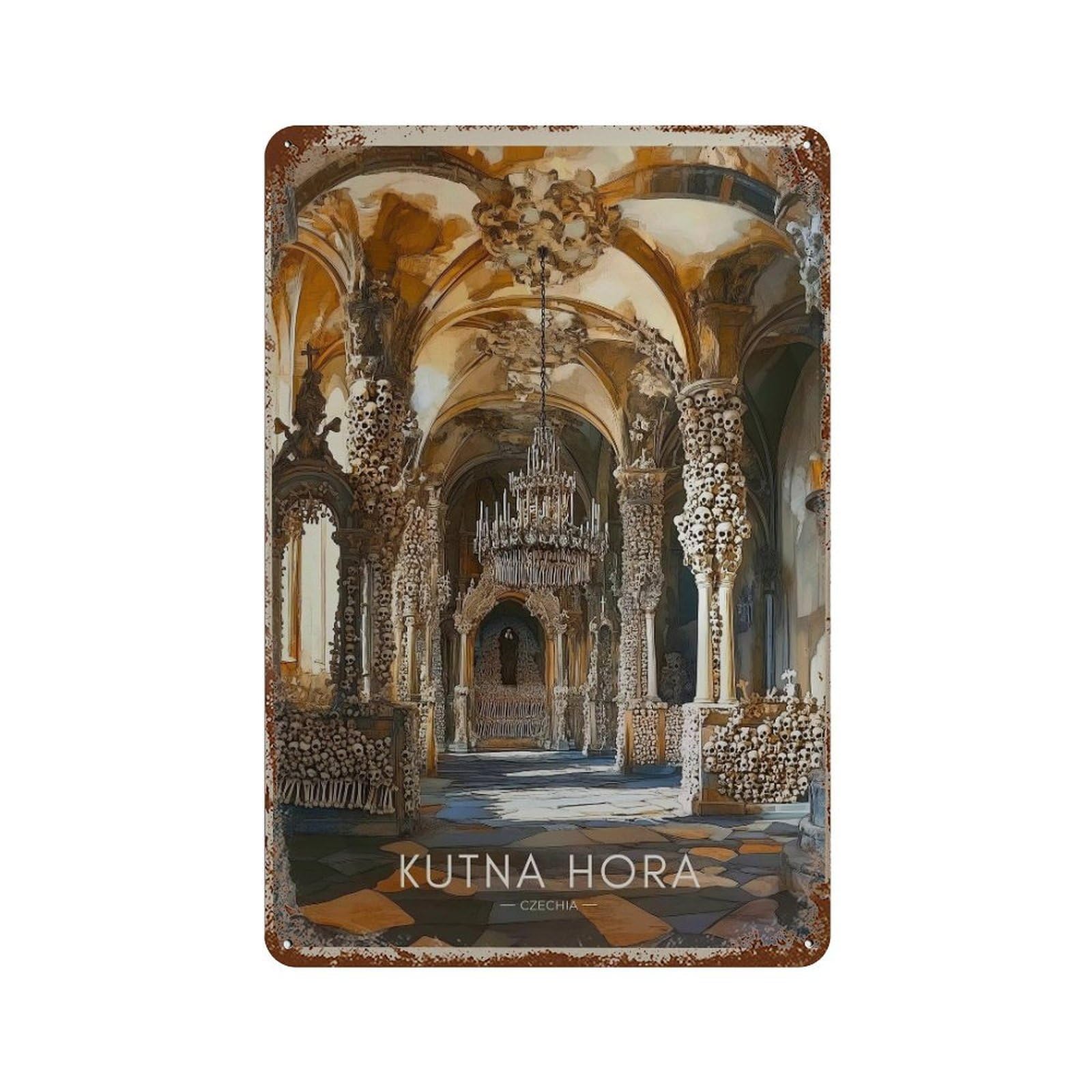 xiaoxiaoshen Kutna Hora Travel Czechia Gothic Sedlec Ossuary Wall Decor Art Metal Tin Poster Modern Home Decor Art Home Bar Shop Decorations Vintage Sign 30x20cm