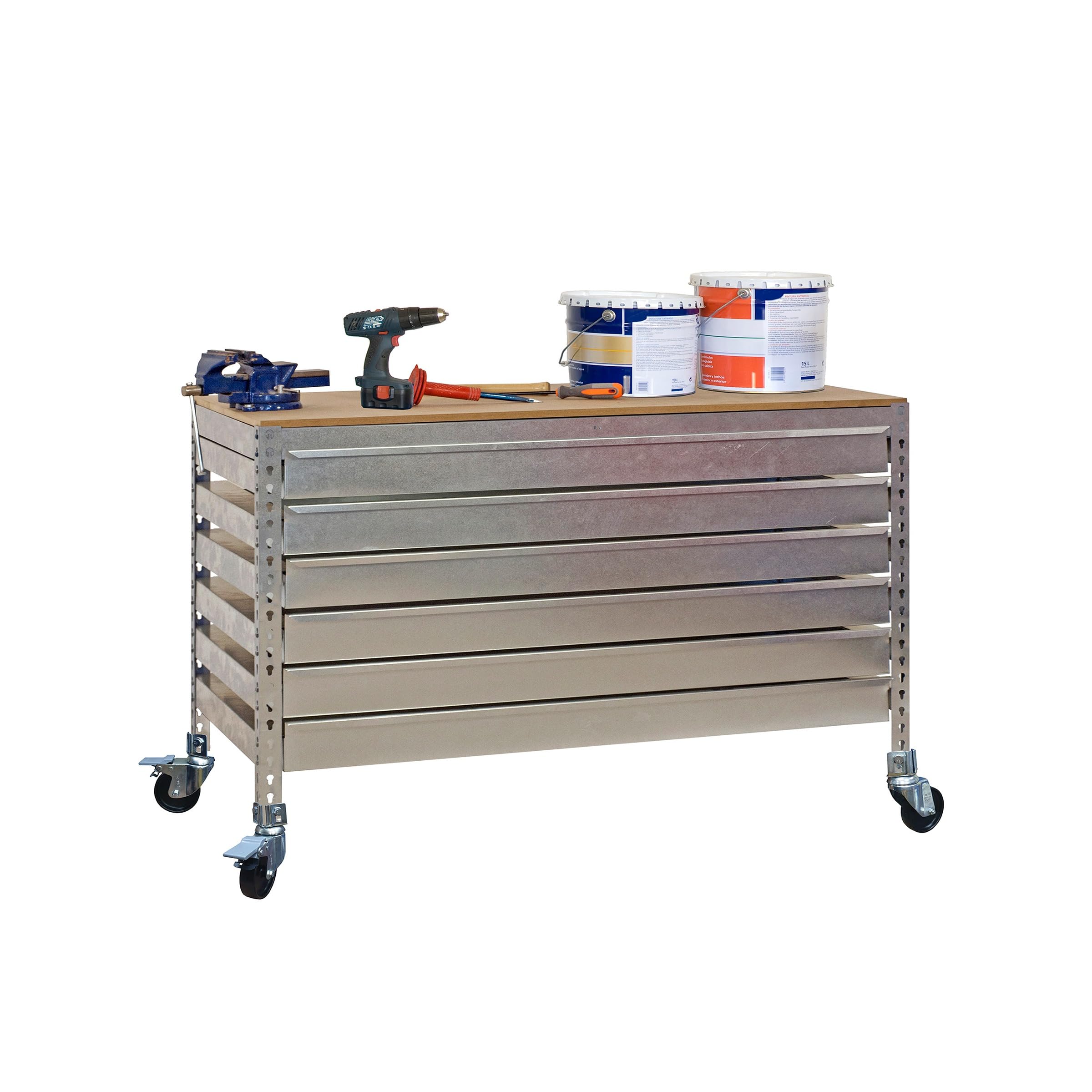 Simon Rack Banco de Trabajo Taller con Ruedas 1210x760 mm - BT5 | 6 Cajones, Tablero madera 16 mm, Capacidad Carga 120 kg, Galva , Pintura anticorrosión, Montaje sistema clic