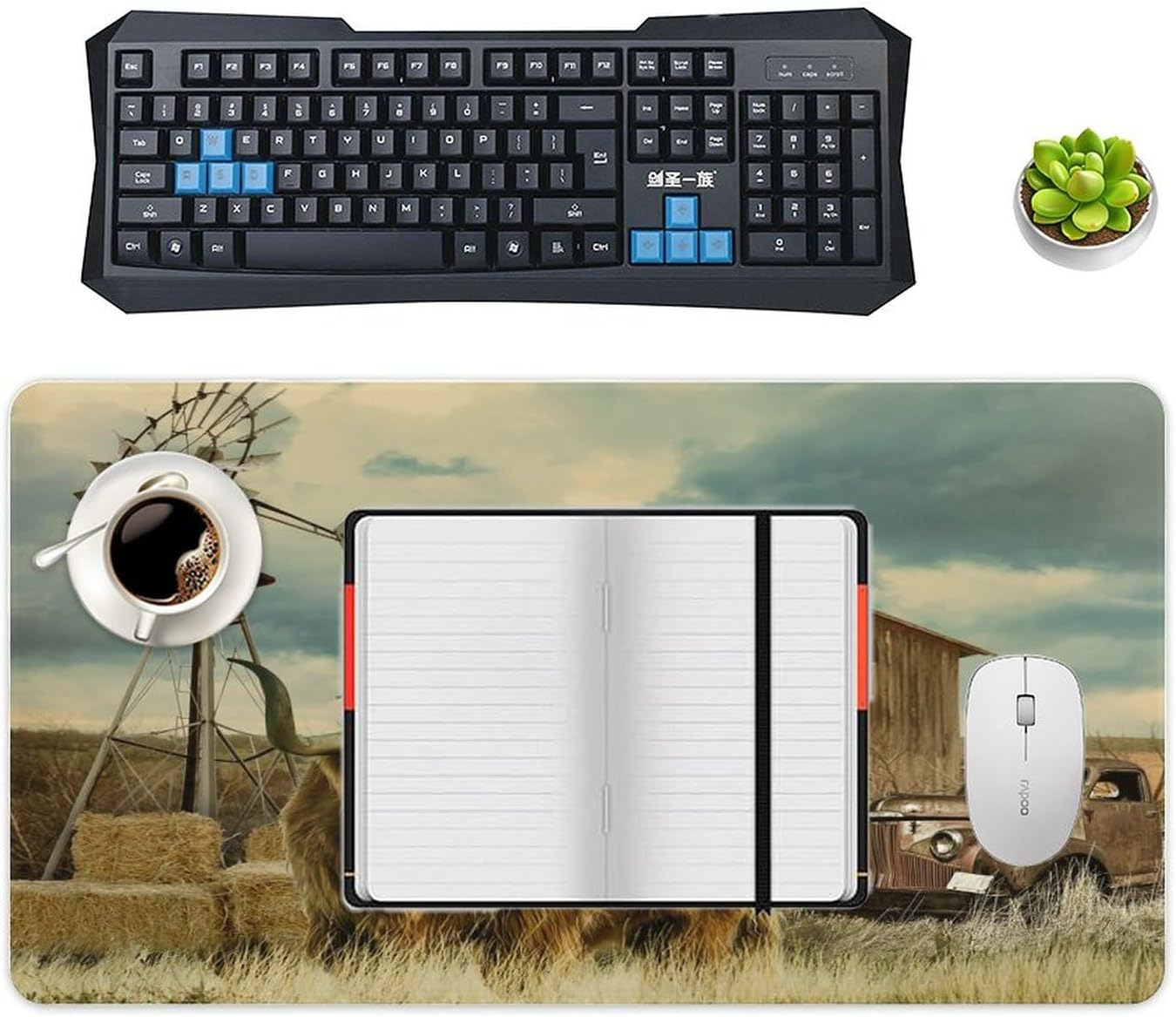 Rustic Farm Highland Cow Waterproof Desk Mat Western Farmhouse Antique Old Truck Wildlife Animal Bull for Wireless Mouse, Computers, Laptop, Office 30L x 16W Inch