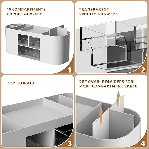 Miniatura 4 de Marbrasse Organizador de escritorio con 3 cajones, soporte multifuncional para lápices, organizadores de escritorio y accesorios con 7