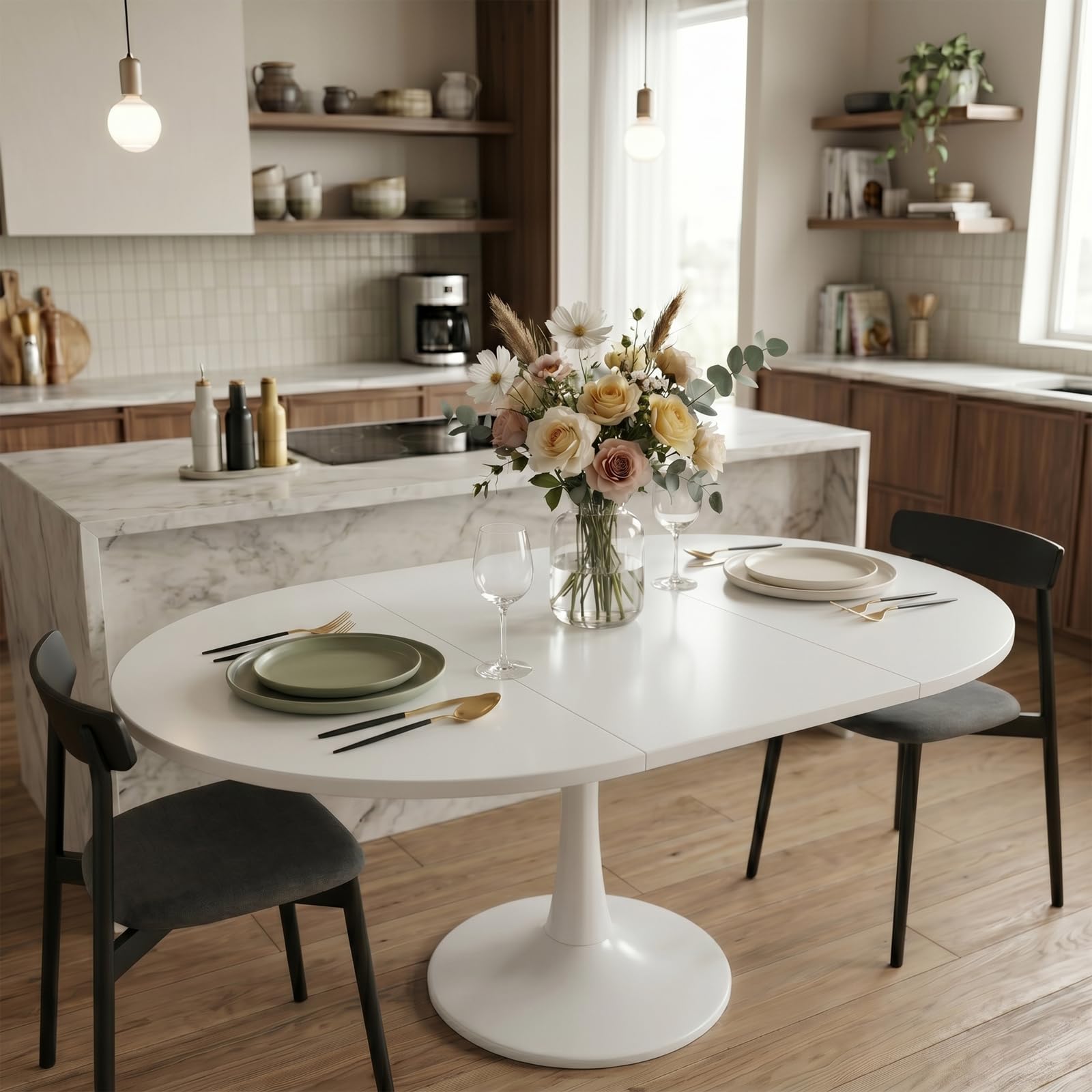Mesa de comedor extensible, moderna, simple, ovalada, de madera, mesa de comedor redonda, 1 placa adicional, longitud 100/140 x ancho 100 x altura 75 cm (blanco)